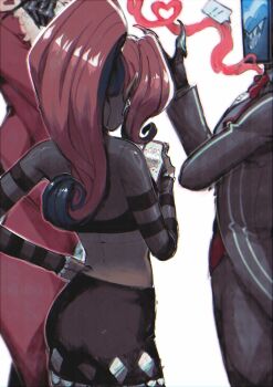 ! !! 1girl 2boys blackberreh-art bow bowtie carmilla_carmine_(hazbin_hotel) claws demon_boy demon_girl flipped_hair hazbin_hotel heart hellaverse highres multiple_boys object_head ponytail red_hair sharp_teeth skirt smoke speech_bubble teeth television valentino_(hazbin_hotel) velvette_(hazbin_hotel) vox_(hazbin_hotel)