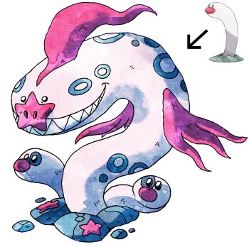 big_nose bynine evolution evolutionary_line fakemon highres nintendo pokemon pokemon_(creature) pokemon_sv rock smile stain star-nosed_mole starfish teeth wiglett