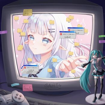 1girl absurdres alllisso aqua_hair commentary computer desktop_(computing) figure grey_eyes hatsune_miku highres long_hair looking_at_viewer microsoft_windows original playstation_controller pointy_ears school_uniform serafuku sony symbol-only_commentary twintails vocaloid white_hair windows_98 windows_classic
