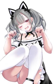1girl animal_ear_hairband animal_ears black_bow bow breasts cameltoe cat_ear_hairband cat_ears cleavage commentary_request detached_collar fake_animal_ears fang greyscale hairband highres kirigakure_(kirigakure_tantei_jimusho) medium_breasts monochrome nail_polish one_eye_closed open_mouth original panties pantyshot paw_pose polka_dot polka_dot_bow red_eyes sitting skin_fang smile solo thighhighs twintails underwear white_panties white_thighhighs