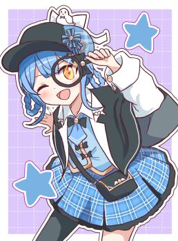 1girl ;d black_bag black_capelet black_hat blue_background blue_hair blue_skirt braid braided_hair_rings capelet collared_shirt commentary_request deerstalker detective frilled_skirt frills hair_rings hat highres holding holding_magnifying_glass long_sleeves looking_at_viewer magnifying_glass mahou_shoujo_no_majo_saiban mirakai one_eye_closed open_mouth outline plaid_clothes plaid_skirt pleated_skirt shirt short_hair skirt smile solo standing star_(symbol) tachibana_sherry white_outline white_shirt yellow_eyes