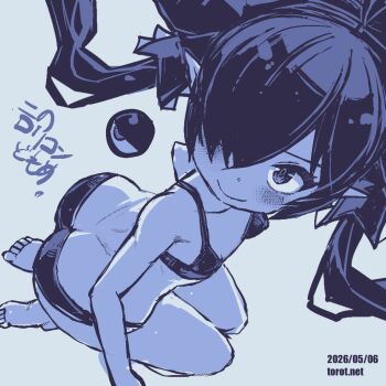 1girl ass backbeako_(torotei) backbeard barefoot blue_background blue_theme blush bra breasts butt_crack closed_mouth commentary dated dated_commentary dutch_angle floating_hair gegege_no_kitarou hair_over_one_eye hair_ribbon impossible_clothes impossible_underwear kneeling kono_lolicon_domome long_hair looking_at_viewer looking_to_the_side monochrome original paid_reward_available panties pointy_ears ribbon seiza simple_background sitting small_breasts smile solo toes torotei translated twintails underwear underwear_only watermark web_address