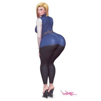 1girl android_18 ass back bad_proportions belt black_pantyhose blonde_hair blue_eyes breasts denim denim_skirt denim_vest dragon_ball dragonball_z earrings from_behind high_heels jewelry large_breasts looking_at_viewer looking_back median_furrow paid_reward_available pantyhose pinkdrawz platform_heels plump short_hair shoulder_blades simple_background skirt thick_thighs thighs