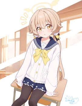 1girl absurdres arm_support arms_at_sides artist_name black_pantyhose blue_archive blue_sailor_collar blue_skirt blush bow bowtie brown_hair buttons cardigan chair classroom collarbone commentary desk feet_out_of_frame gold_buttons hair_between_eyes hair_ornament hair_ribbon halo head_tilt hifumi_(blue_archive) highres knees_together_feet_apart long_hair long_sleeves looking_at_viewer low_twintails miniskirt notice_lines on_desk pantyhose parted_lips pleated_skirt ribbon sailor_collar school_chair school_desk school_uniform serafuku sitting sizuki_haru skirt sleeves_past_wrists solo twintails very_long_hair white_background white_cardigan wing_hair_ornament winged_halo yellow_bow yellow_bowtie yellow_eyes yellow_halo yellow_ribbon