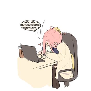 1girl alien_stage cardigan chair claw_hair_clip coldmeow commentary computer cup drink drinking_straw english_text glasses hair_ornament hairclip hashtag-only_commentary heart highres laptop mizi_(alien_stage) office_chair on_chair pink_hair speech_bubble swivel_chair thought_bubble unworn_eyewear yellow_cardigan