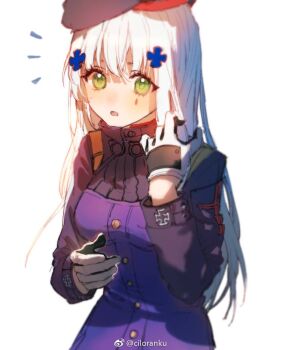 Rule 34 | 1girl, blush, breasts, ciloranko, commentary request, girls' frontline, gloves, green eyes, grey hair, hair between eyes, hair ornament, hat, hk416 (girls' frontline), hk416 (starry cocoon) (girls' frontline), korean commentary, long hair, open mouth, solo, standing, third-party source, white background