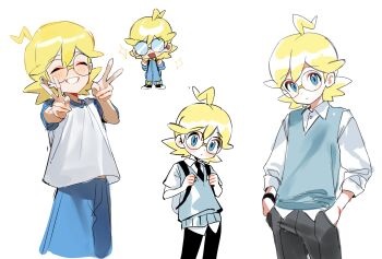 1boy aged_down ahoge alternate_costume black_necktie black_pants blonde_hair blue_eyes blue_jumpsuit blue_pants blush chibi clemont_(pokemon) closed_eyes closed_mouth collared_shirt commentary_request double_v glasses grin hands_in_pockets hands_up highres jumpsuit korean_commentary male_focus multiple_views necktie nintendo opaque_glasses pants pokemon pokemon_xy pokesudal round_eyewear shirt short_sleeves smile sparkle sweater_vest t-shirt teeth v vest