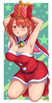 1girl absurdres alternate_costume armpits arms_up bell belt black_belt bob_cut border breasts capelet chest_jewel cleavage commentary_request core_crystal_(xenoblade) dress earrings fur-trimmed_capelet fur-trimmed_dress fur_trim gift glint gloves green_background highres holding holding_gift jewelry kenichiart kneeling large_breasts light_blush neck_bell outside_border parted_lips pyra_(xenoblade) red_capelet red_dress red_eyes red_gloves red_hair red_shoes santa_costume santa_dress shoes short_dress short_hair signature solo star_(symbol) star_symbol_background strapless strapless_dress swept_bangs tiara white_border xenoblade_chronicles_(series) xenoblade_chronicles_2