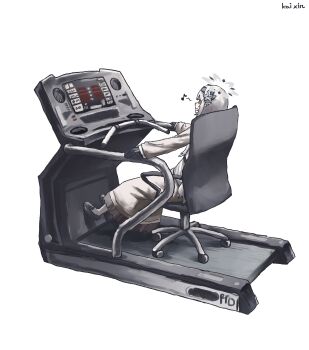 1girl absurdres black_hairband blue_archive chair dress eighth_note exercise_machine flower hair_flower hair_ornament hairband halo highres himari_(blue_archive) kai_xin long_hair musical_note office_chair pointy_ears simple_background sitting solo swivel_chair treadmill white_background white_dress white_hair white_halo