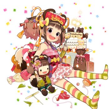 1girl animal_ears bare_shoulders birthday_cake black_eyes box brown_hair cake commentary_request doll dress fake_animal_ears flat_chest food fork frilled_dress frills from_side gift gift_box green_thighhighs head_ornament holding holding_fork multicolored_thighhighs pink_dress pink_thighhighs raccoon_ears raccoon_girl raccoon_tail short_hair sitting striped_clothes striped_thighhighs tail tanuko thighhighs twintails uchako uchi_no_hime-sama_ga_ichiban_kawaii yellow_thighhighs