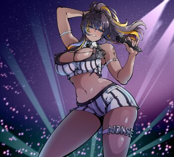 1girl absurdres breasts concert dark_skin goddess_of_victory:_nikke gooroomee highres horseshoe_earrings noise_(classic_diva)_(nikke) noise_(nikke) official_alternate_costume shorts smile solo striped_clothes striped_shorts thighs vertical-striped_clothes vertical-striped_shorts white_nails