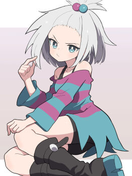 1girl bare_shoulders bike_shorts black_boots black_shorts blue_dress blue_eyes blush boots bra_strap breasts commentary_request dress forehead freckles hair_bobbles hair_ornament hiyoshipow long_sleeves looking_at_viewer multicolored_hair_bobbles nintendo off-shoulder_dress off_shoulder platform_boots pokemon pokemon_bw2 purple_dress roxie_(pokemon) short_hair shorts shorts_under_dress solo striped_clothes striped_dress topknot white_hair