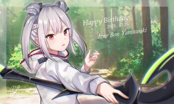 1girl 2025 blunt_bangs center-flap_bangs character_name commentary_request dated day double_bun eyelashes fighting_stance film_grain fingernails forest grey_hair hair_bun hand_up happy_birthday heaven_burns_red highres holding holding_weapon jacket long_sleeves looking_at_viewer medium_hair nature no_eyepatch open_mouth outdoors outside_border outstretched_arm red_eyes rrtp signature solo thick_eyebrows twintails upper_body v-shaped_eyebrows weapon white_jacket yamawaki_bon_ivar