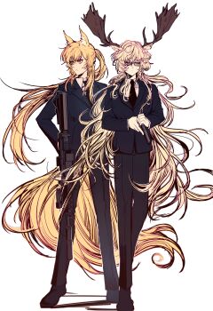 2girls absurdres animal_ear_fluff animal_ears antlers arknights black_jacket black_necktie black_pants black_shoes blazer blonde_hair chinese_commentary closed_mouth collared_shirt commentary_request dress_pants formal_clothes full_body glasses grey-tinted_eyewear gun hair_between_eyes handgun highres holding holding_gun holding_weapon horns jacket lapels lightwithin1223 long_hair long_sleeves long_tail looking_to_the_side mafia multiple_girls nearl_(arknights) necktie pants ponytail rifle semi-rimless_eyewear shirt shoes simple_background sniper_rifle standing tail tinted_eyewear trigger_discipline under-rim_eyewear very_long_hair viviana_(arknights) weapon white_background white_shirt yellow_eyes yellow_tail