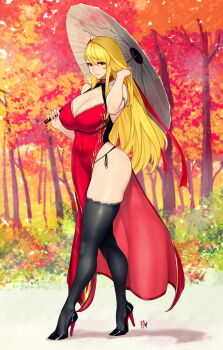 1girl autumn bare_shoulders black_thighhighs blonde_hair breasts china_dress chinese_clothes cleavage covered_navel curvy dress full_body hair_between_eyes hand_in_own_hair highres holding holding_umbrella huge_breasts large_breasts long_hair mole mole_on_breast mole_under_eye original outdoors panties red_dress red_eyes side-tie_panties side_slit skin_tight smile solo standing thick_thighs thighhighs thighs tree umbrella underwear zcune