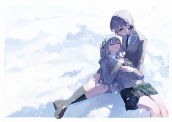 2girls absurdres bang_dream! bang_dream!_it's_mygo!!!!! blue_hair closed_eyes commentary green_skirt grey_hair grey_jacket hair_ribbon haneoka_school_uniform highres jacket kneehighs loafers long_hair long_sleeves multiple_girls ns3519_16 open_mouth ribbon school_uniform shoes short_hair skirt socks symbol-only_commentary takamatsu_tomori togawa_sakiko two_side_up yuri