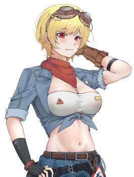 1girl bandana bandeau belt blonde_hair blush breasts cleavage denim eyewear_on_head fingerless_gloves front-tie_top gloves goggles goggles_on_head hands_on_own_head hands_on_own_hips highres hololive hololive_indonesia ichiyaichimaru jeans kaela_kovalskia large_breasts midriff multiple_belts navel pants red_eyes short_hair virtual_youtuber wallet_chain white_background