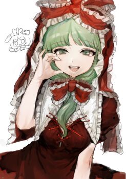 1girl :d commentary_request dress frilled_dress frilled_ribbon frills front_ponytail green_eyes green_hair hair_ribbon half-heart_hands highres kagiyama_hina long_hair looking_at_viewer open_mouth red_dress red_ribbon ribbon shoudoku_taishi_(taishi) simple_background smile solo teeth touhou upper_teeth_only white_background