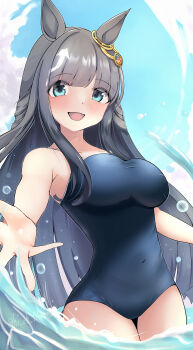 1girl absurdres animal_ears blue_eyes blush breasts chrono_genesis_(umamusume) grey_hair hair_between_eyes hair_ornament highres horse_ears horse_girl horse_tail looking_at_viewer medium_breasts navel ocean open_mouth otomomochi_luca reaching reaching_towards_viewer school_swimsuit sky swimsuit tail twitter_username umamusume water