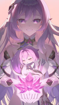 1girl absurdres age_progression bare_shoulders breasts commentary commentary_request corset crystal_flower diamond-shaped_pupils diamond_(shape) elf elysia_(herrscher_of_human:_ego)_(honkai_impact) elysia_(honkai_impact) english_commentary gloves highres honkai_(series) honkai_impact_3rd large_breasts long_hair looking_at_viewer mixed-language_commentary multiple_views pink_background pink_hair pointy_ears purple_eyes smile stupid_goose_man symbol-shaped_pupils triquetra very_long_hair white_corset white_gloves