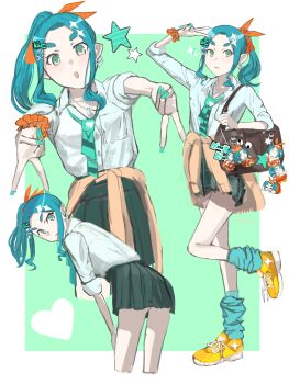 Rule 34 | 1girl, absurdres, bag, blue hair, blue leg warmers, border, breast pocket, brown bag, brown cardigan, cardigan, cardigan around waist, character doll, clothes around waist, collared shirt, commentary request, doll, dot nose, double v, earrings, fingernails, googly eyes, green background, green nails, green necktie, green skirt, gyaru, hair ornament, hair ribbon, hairclip, heart, high ponytail, highres, jewelry, kuroi daikyoukin, leg warmers, light frown, long fingernails, long hair, looking at viewer, monogatari (series), multiple views, necklace, necktie, ononoki yotsugi, open mouth, orange ribbon, orange scrunchie, pleated skirt, pocket, ponytail, ribbon, school uniform, scrunchie, shirt, shoes, short sleeves, shoulder bag, simple background, single earring, skirt, sneakers, sparkle, v, white border, white shirt, yellow shoes