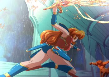 1girl arm_up armor armpits ass bikini_armor blue_footwear blue_leotard boots breastplate breasts brown_hair from_behind good_ass_day kneepits kyolnov leotard lightning long_hair lucia_(madura_no_tsubasa) madura_no_tsubasa monster outstretched_arm rain running shoulder_armor sword thighs vambraces weapon