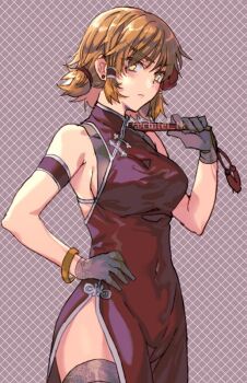 1girl armband black_gloves black_thighhighs bracelet breasts character_request china_dress chinese_clothes commentary_request covered_navel cowboy_shot dress earrings folding_fan frown gloves gundam gundam_seed hair_tubes hand_fan hand_on_own_hip jewelry large_breasts orange_eyes orange_hair short_twintails side_slit sideboob solo tenkuu_sphere thighhighs twintails twitter_username v-shaped_eyebrows watermark