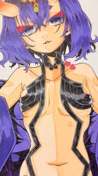 1girl asagirimao eyeliner fate/grand_order fate_(series) highres horns japanese_clothes kimono light_smile looking_at_viewer makeup marker_(medium) navel oni open_clothes open_kimono parted_lips purple_eyes purple_hair short_hair shuten_douji_(fate) skin-covered_horns solo traditional_media unfinished