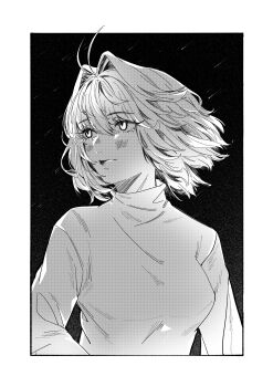 1girl absurdres arcueid_brunestud breasts greyscale highres jw2000221 melty_blood monochrome short_hair sweater tsukihime turtleneck turtleneck_sweater white_sweater