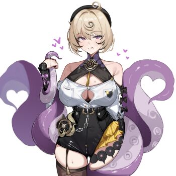 1girl absurdres accessories asymmetrical_shorts bare_shoulders black_bow black_hat black_shorts blonde_hair blush bow breasts button_gap chain cleavage commentary detached_sleeves hair_between_eyes hat heart high-waist_shorts highres large_breasts looking_at_viewer mole mole_under_mouth monster_girl octopus oxooxo666 purple_eyes scylla short_hair shorts simple_background single_thighhigh solo spiral standing sweat symbol-only_commentary tentacle_girl tentacle_grab tentacle_tail tentacles thighhighs white_background yidhari_murphy zenless_zone_zero