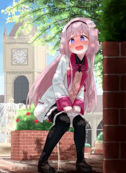 1girl @_@ ^^^ absurdres bench bent_over black_hairband black_shirt black_skirt black_thighhighs blue_eyes blue_sky blurry blurry_foreground blush bow bowtie brick_wall brown_shoes bush buttons cardigan clenched_hands clock clock_tower collared_shirt commission dappled_sunlight day embarrassed female_focus flat_chest flower fountain full_body hairband highres jacket leaning_forward long_hair long_sleeves looking_to_the_side miniskirt nervous nijisanji nose_blush open_clothes open_jacket open_mouth outdoors panties panty_pull park_bench pee pee_stain peeing pink_cardigan pink_hair plaid_bow plaid_bowtie plaid_clothes pleated_skirt public_indecency puddle purple_bow purple_bowtie purple_eyes red_flower school_uniform shirt shoes sidelocks skeb_commission skirt sky solo standing sunlight suo_sango tears thighhighs tower tree trembling underwear urabe_miyabi v_arms virtual_youtuber wet wet_clothes wet_panties white_jacket white_panties wide-eyed