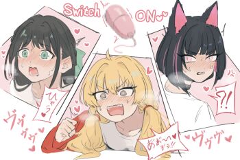 !? 3girls airi_(band)_(blue_archive) airi_(blue_archive) anger_vein animal_ears black_choker black_hair blonde_hair blue_archive blush brown_eyes cat_ears censored choker clenched_teeth egg_vibrator green_eyes hair_ribbon heart highres kazusa_(band)_(blue_archive) kazusa_(blue_archive) long_hair long_sleeves mosaic_censoring multiple_girls open_mouth perversion_of_canon pink_eyes ribbon sex_toy shirt short_hair speech_bubble syouga_(benisyouga2655) teeth vibrator white_shirt yoshimi_(band)_(blue_archive) yoshimi_(blue_archive)