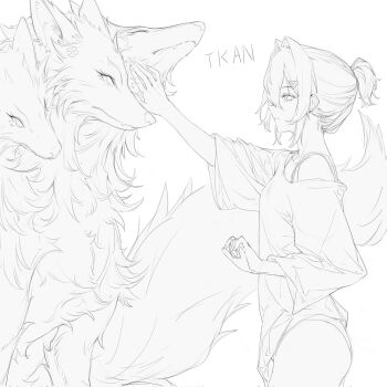 1girl alternate_costume alucard_pie ange_katrina animalization arm_up cerberus commentary corrupted_twitter_file cowboy_shot from_side greyscale group_name hair_between_eyes hair_intakes hair_ornament highres inui_toko long_bangs looking_at_another monochrome nijisanji no_pants oversized_clothes oversized_shirt panties parted_lips petting ponytail shirt short_ponytail simple_background single_bare_shoulder sketch three-quarter_sleeves triangle_hair_ornament underwear virtual_youtuber