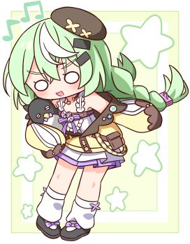 1girl :d bare_shoulders black_shoes blush border braid commentary_request dress full_body green_background green_hair hair_between_eyes hana_kazari highres jacket long_hair long_sleeves multicolored_hair musical_note nazuna_(stella_sora) o_o off_shoulder open_clothes open_jacket open_mouth outside_border shoes sleeveless sleeveless_dress sleeves_past_fingers sleeves_past_wrists smile socks solo standing star_(symbol) stella_sora streaked_hair twin_braids two-tone_hair white_border white_dress white_hair white_socks yellow_jacket