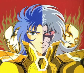 araki_shingo armor blue_hair crazy_eyes creepy evil_eyes evil_face evil_smile gemini_saga grey_hair looking_at_viewer male_focus mask rape_face red_eyes saint_seiya siblings smile twins two_faces