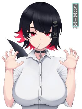 1girl 2025 alternate_breast_size_(larger) artist_name black_hair breasts claw_pose closed_mouth collar colored_inner_hair commentary earclip ellen_joe ellen_joe_(on_campus) english_commentary fins fish_tail highres jckix large_breasts lollipop_in_mouth looking_at_viewer mole mole_under_eye multicolored_hair official_alternate_costume razor_blade_hair_ornament red_eyes red_nails shark_girl shark_tail shirt short_hair simple_background solo tail upper_body white_background white_shirt zenless_zone_zero
