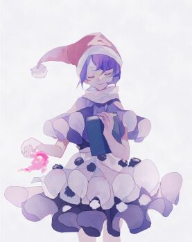 1girl black_shirt book capelet closed_eyes commentary_request cowboy_shot doremy_sweet hat highres holding holding_book layered_skirt nightcap open_mouth pink_hat pom_pom_(clothes) purple_capelet purple_hair shinjitsu_no_kuchi shirt short_hair simple_background skirt smile solo touhou white_background white_skirt