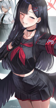 2girls armband artist_name black_choker black_gloves black_hair black_necktie black_sailor_collar black_serafuku black_skirt black_wings blue_archive blush breasts choker closed_mouth collarbone commentary commentary_request cowboy_shot deras english_commentary feathered_wings gloves grey_hair hair_ornament hair_over_one_eye hairclip half_gloves halo highres ichika_(blue_archive) iori_(blue_archive) long_hair long_sleeves low_wings medium_breasts midriff_peek mixed-language_commentary multiple_girls neckerchief necktie one_eye_closed open_mouth pleated_skirt pointy_ears red_armband red_eyes red_halo red_neckerchief sailor_collar school_uniform serafuku shirt skirt smile twintails twitter_username white_shirt wings