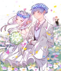 Rule 34 | 2boys, 2girls, blue eyes, blue flower, blue hair, bouquet, chinese commentary, closed eyes, closed mouth, collared shirt, commentary request, dress, earrings, elf, falling petals, fern (sousou no frieren), floating hair, flower, formal, frieren, gloves, hand on another&#039;s arm, head wreath, hetero, highres, himmel (sousou no frieren), holding, holding bouquet, husband and wife, jacket, jewelry, lianbiglian, long hair, mole, mole under eye, multiple boys, multiple girls, necktie, open mouth, outdoors, pants, petals, pink necktie, pointy ears, procreate (medium), purple vest, ring, shirt, short hair, simple background, smile, sousou no frieren, stark (sousou no frieren), suit, suit jacket, twintails, twitter username, veil, vest, waistcoat, wedding dress, wedding ring, white background, white dress, white flower, white gloves, white hair, white jacket, white pants, white shirt, white suit