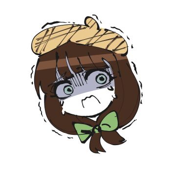 1girl atoymk bow brown_hair colored_skin commentary crying crying_with_eyes_open danganronpa_another gibberish_commentary green_bow green_eyes hair_bow hat highres nijiue_iroha open_mouth simple_background sketch solo super_danganronpa_another_2 tears trembling turn_pale white_background white_skin yellow_hat