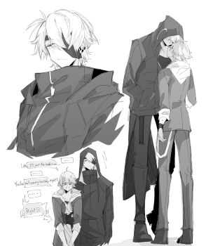 ! !! ... 2boys ahoge alternate_costume arrow_(symbol) boots caelus_(honkai:_star_rail) caelus_(world_tour_2023)_(honkai:_star_rail) closed_mouth collarbone earclip earrings empty_eyes english_text eyepatch flame_reaver_of_the_deepest_dark from_behind full_body gloves greyscale hair_between_eyes half-closed_eye half-closed_eyes hand_around_waist hands_in_pockets height_difference highres hki_8b honkai:_star_rail honkai_(series) hood hooded_jacket hoodie jacket jewelry lapels long_sleeves looking_at_another looking_down looking_to_the_side looking_up male_focus monochrome multiple_boys multiple_views nervous nervous_smile nervous_sweating no_mouth official_alternate_costume open_clothes open_jacket open_mouth pants phainon_(honkai:_star_rail) puffy_long_sleeves puffy_sleeves shadow shirt shoes short_hair simple_background smile speech_bubble spoken_ellipsis standing sweat t-shirt trailblazer_(honkai:_star_rail) upper_body wristband yaoi