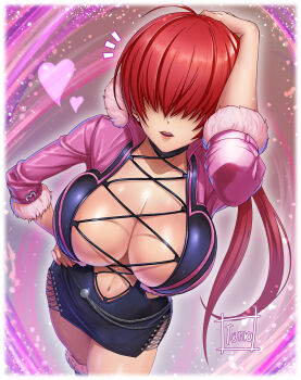 breasts cleavage earrings fur-trimmed_sleeves fur_trim hair_over_eyes heart highres jewelry large_breasts lipstick long_hair makeup navel open_mouth red_hair shermie_(kof) signature the_king_of_fighters tomo_eokaiteru