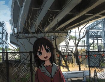 Rule 34 | 1girl, :d, absurdres, anko1127, azumanga daiou, building, commentary, day, highres, kasuga ayumu, looking at viewer, open mouth, outdoors, power lines, sign, sky, smile, solo, utility pole