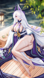 Rule 34 | 1girl, absurdres, azur lane, barefoot, breasts, cup, floral print kimono, hair over one eye, highres, holding, holding cup, huge breasts, japanese clothes, kimono, long hair, long sleeves, looking at viewer, lying, multicolored hair, on side, panties, parted lips, purple eyes, purple hair, purple kimono, purple nails, sakuramon, solo, streaked hair, thigh strap, thighs, toes, two-tone kimono, underwear, unzen (azur lane), very long hair, white hair, white kimono, white panties, wide sleeves, wjy1347193