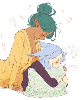 2girls animal_ears black_shirt blue_hair blush breasts cleavage convenient_censoring dark-skinned_female dark_skin elf fox_ears fox_girl futa_with_futa futanari hair_bun hair_up heart highres implied_futanari lyn_(spindle_(aidenr0)) multiple_girls naked_shirt open_clothes open_shirt original pillow pillow_grab pointy_ears sex sex_from_behind shirt simple_background spindle_(aidenr0) therese_(spindle_(aidenr0)) white_background yellow_shirt