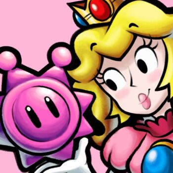 1girl alternate_color axelorca blonde_hair commentary crown dress english_commentary gloves long_hair looking_to_the_side mario_&amp;_luigi_rpg mario_(series) nintendo pink_background pink_dress princess_peach puffy_short_sleeves puffy_sleeves shine_sprite short_sleeves simple_background solo upper_body white_gloves