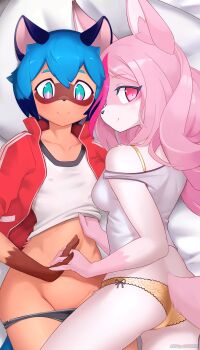 2girls ancesra animal_ears bare_shoulders blue_hair bob_cut brand_new_animal breasts colored_skin dark-skinned_female dark_skin fox_ears fox_girl fox_tail furry furry_female highres hiwatashi_nazuna jacket kagemori_michiru long_hair multicolored_hair multiple_girls panties pink_hair pink_skin raccoon_ears raccoon_girl raccoon_tail red_eyes shirt short_hair smile tail trigger two-tone_hair underwear yuri