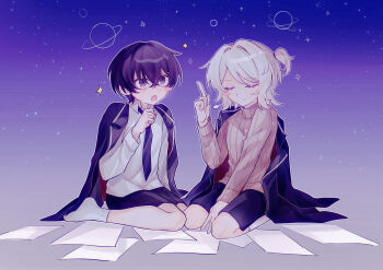1boy 1girl :o aged_down black_coat black_hair black_shorts black_skirt blush_stickers brown_sweater chinese_commentary closed_eyes coat coat_on_shoulders collared_shirt commentary_request dot_nose faust_(project_moon) full_body gradient_background grey_hair highres inori_(qiming404) limbus_company long_sleeves necktie one_side_up open_mouth paper planet pointing pointing_up project_moon purple_background purple_necktie ribbed_sweater shirt short_hair shorts skirt smile socks sweater white_shirt white_socks yi_sang_(project_moon)