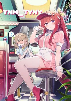 >_< 2girls anna_(ikeuchi_tanuma) apron bar_stool blush booth_seating breasts bucket bucket_on_head closed_eyes diner dress hand_in_own_hair highres holding holding_menu holding_mop ikeuchi_tanuma indoors inline_skates light_brown_hair looking_at_viewer medium_breasts medium_hair menu mop multiple_girls neon_lights object_on_head open_mouth original purple_eyes red_hair roller_skates short_sleeves sitting skates spoken_sweatdrop stool sweatdrop thighhighs tino_(ikeuchi_tanuma) twintails waitress wavy_mouth white_thighhighs wrist_cuffs zettai_ryouiki