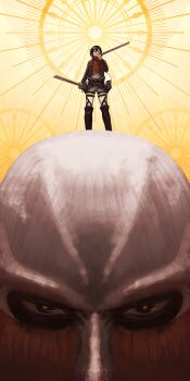 1boy 1girl black_hair boots brown_jacket colossal_titan commentary_request dual_wielding hair_between_eyes highres holding jacket long_sleeves mikasa_ackerman pants paradis_military_uniform red_scarf scarf shingeki_no_kyojin standing thigh_boots three-dimensional_maneuver_gear titan_(shingeki_no_kyojin) weapon white_pants yellow_background yue_(tada_no_saboten)